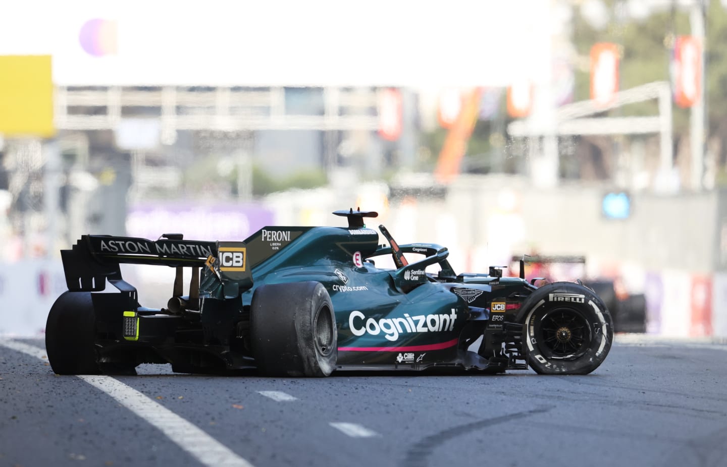 BAKU, AZERBAIJAN - JUNE 06: The broken car of Lance Stroll of Canada and Aston Martin F1 Team is seen on the track after a crash during the F1 Grand Prix of Azerbaijan at Baku City Circuit on June 06, 2021 in Baku, Azerbaijan. (Photo by Clive Rose/Getty Images)