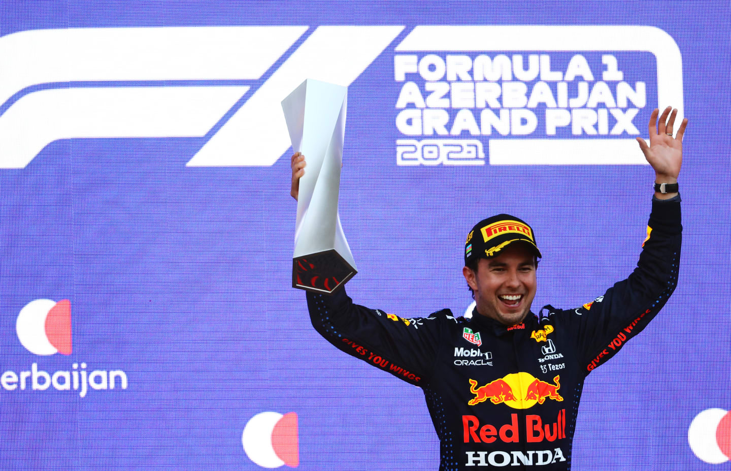 BAKU, AZERBAIJAN - JUNE 06: Race winner Sergio Perez of Mexico and Red Bull Racing celebrates on
