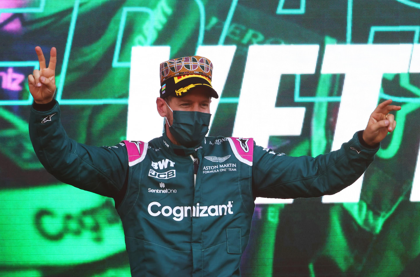 BAKU, AZERBAIJAN - JUNE 06: Second placed Sebastian Vettel of Germany and Aston Martin F1 Team celebrates on the podium during the F1 Grand Prix of Azerbaijan at Baku City Circuit on June 06, 2021 in Baku, Azerbaijan. (Photo by Francois Nel/Getty Images)