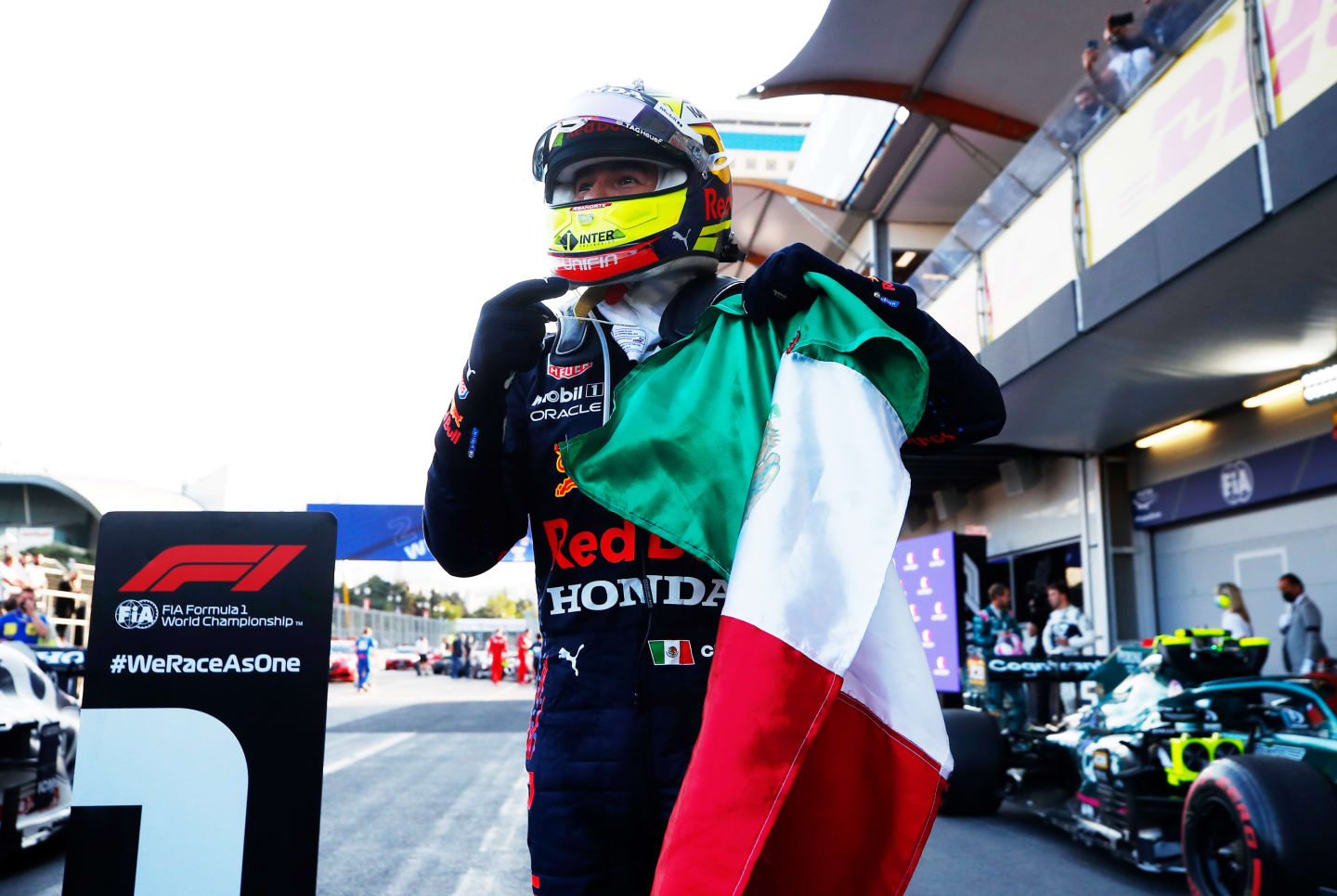 BAKU, AZERBAIJAN - JUNE 06: Race winner Sergio Perez of Mexico and Red Bull Racing celebrates in parc ferme during the F1 Grand Prix of Azerbaijan at Baku City Circuit on June 06, 2021 in Baku, Azerbaijan. (Photo by Maxim Shemetov - Pool/Getty Images)