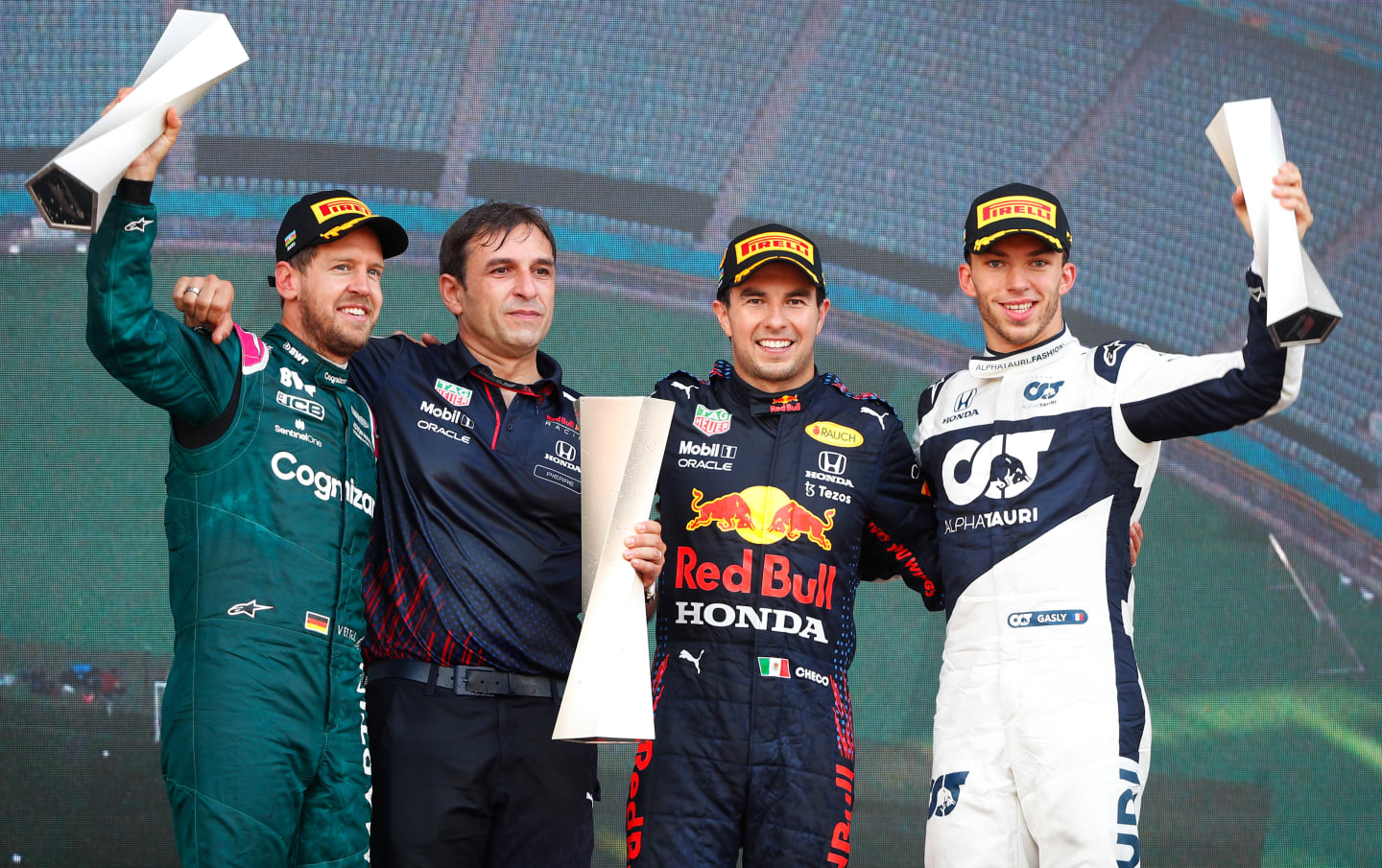 BAKU, AZERBAIJAN - JUNE 06: (L-R) Second placed Sebastian Vettel of Germany and Aston Martin F1