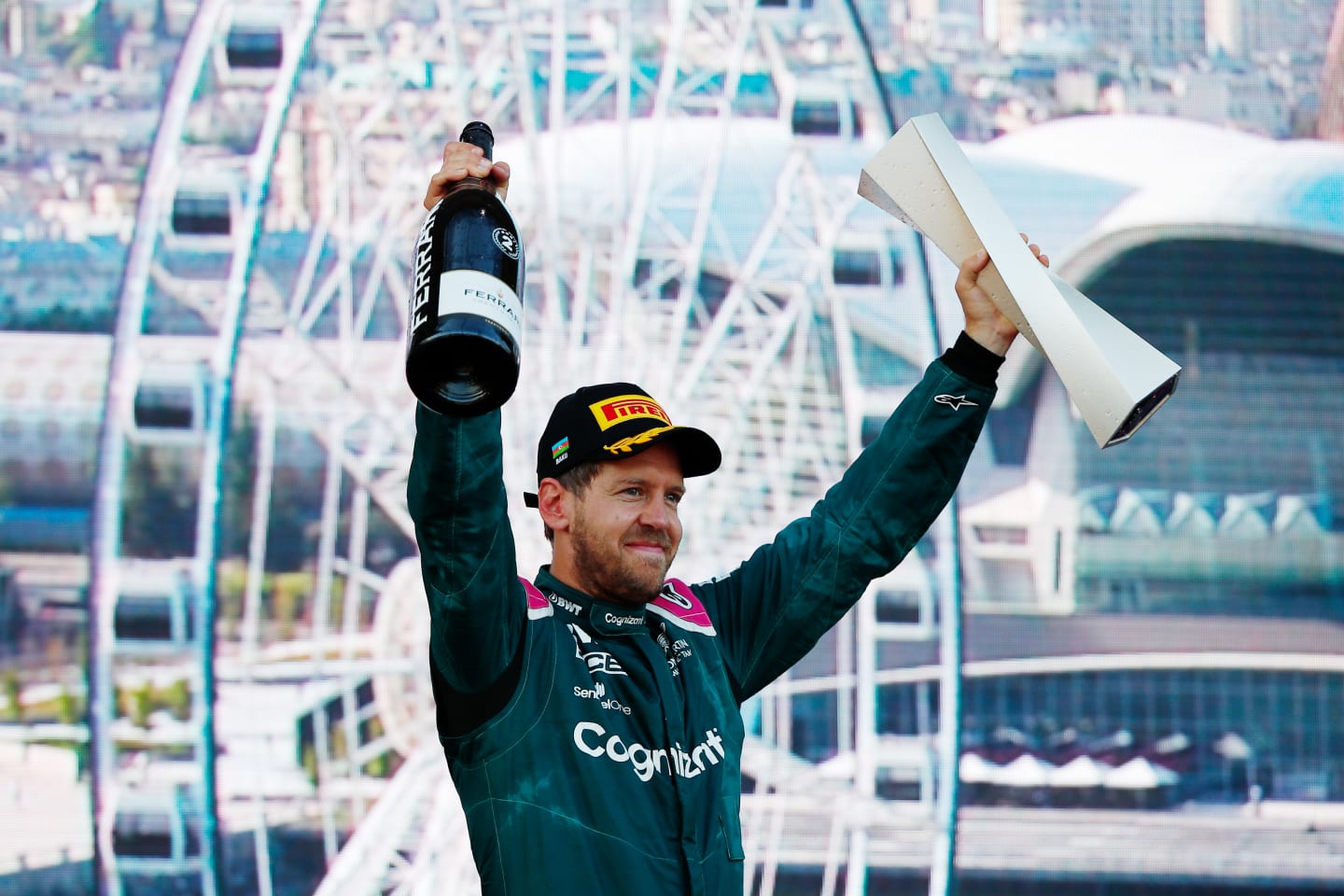 BAKU, AZERBAIJAN - JUNE 06: Second placed Sebastian Vettel of Germany and Aston Martin F1 Team