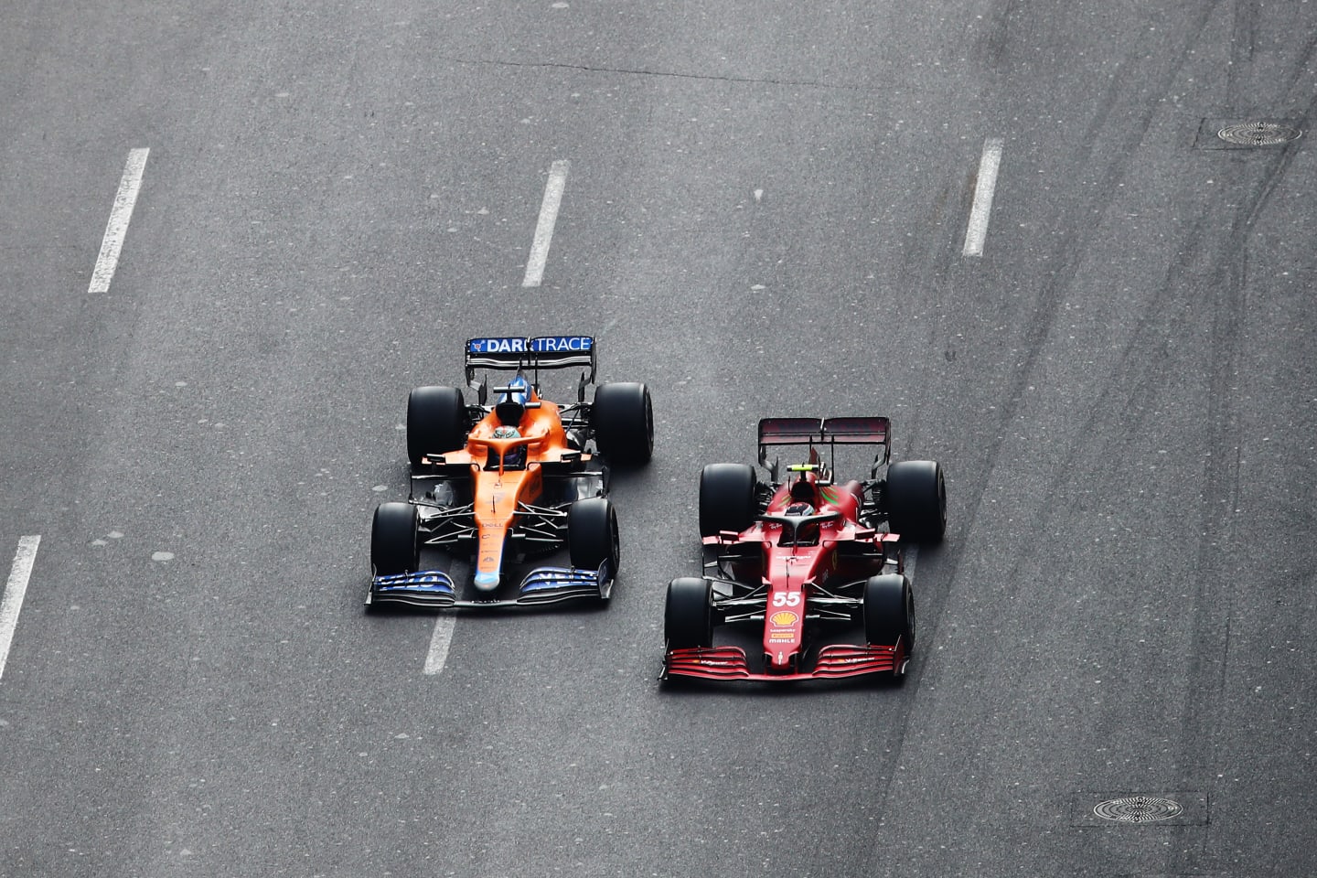 BAKU, AZERBAIJAN - JUNE 06: Carlos Sainz of Spain driving the (55) Scuderia Ferrari SF21 leads