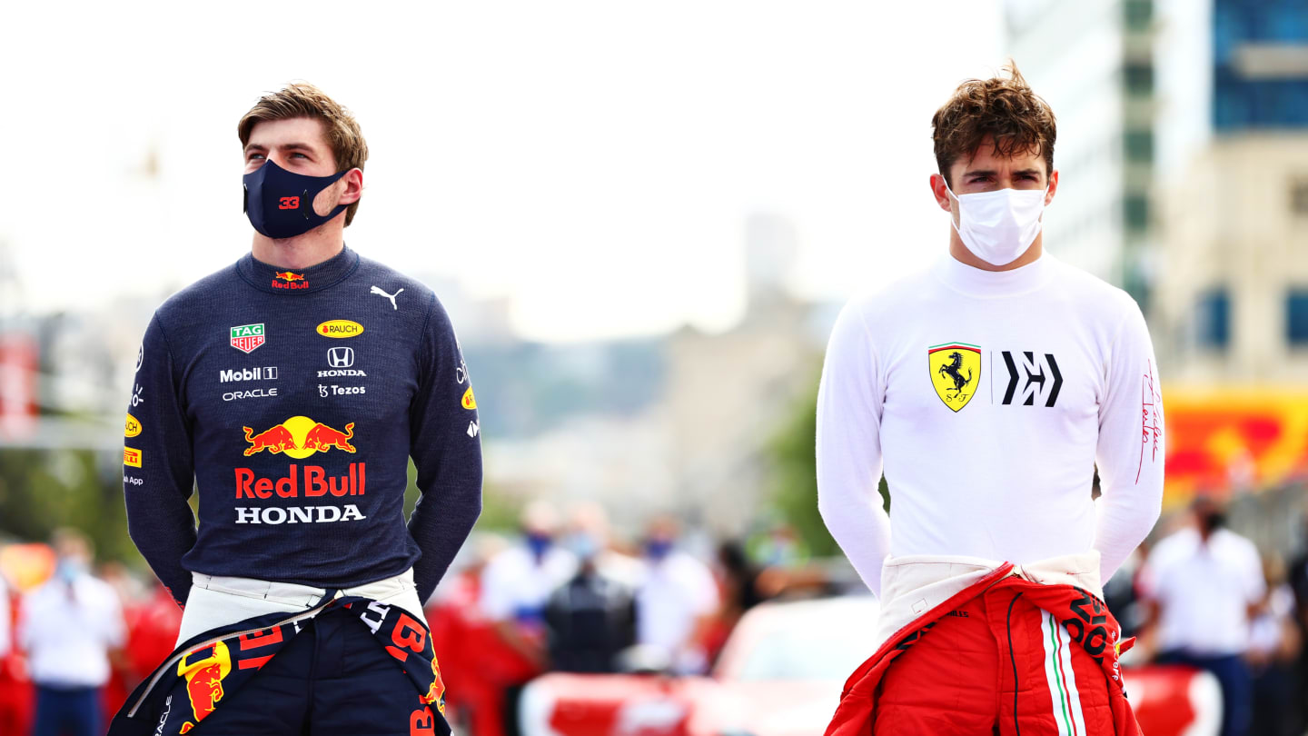 BAKU, AZERBAIJAN - JUNE 06: Max Verstappen of Netherlands and Red Bull Racing and Charles Leclerc