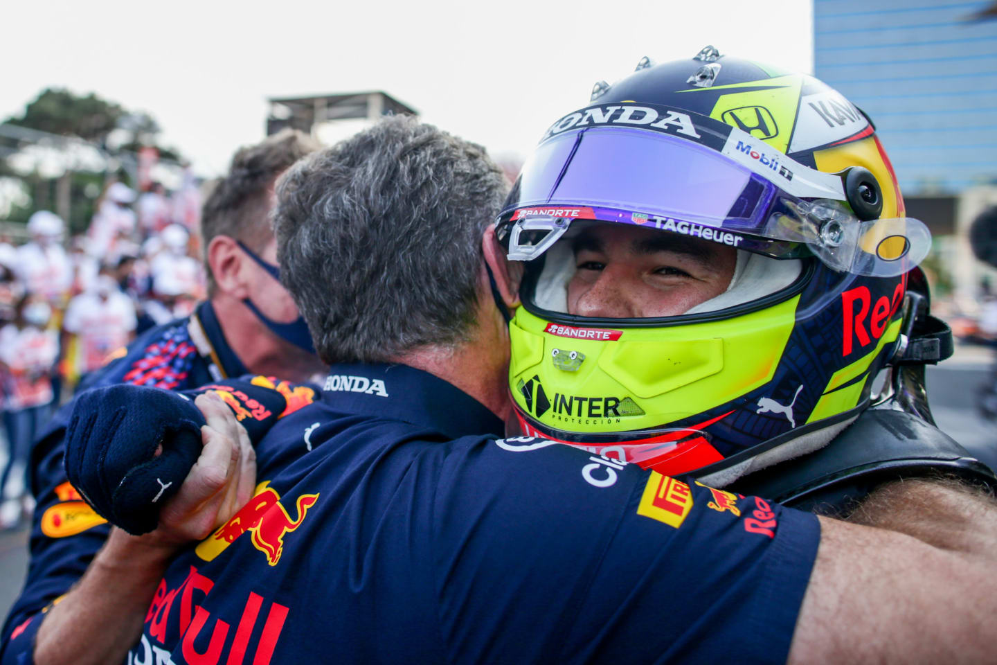 BAKU, AZERBAIJAN - JUNE 06: Sergio Perez of Mexico and Red Bull Racing celebrates with Christian