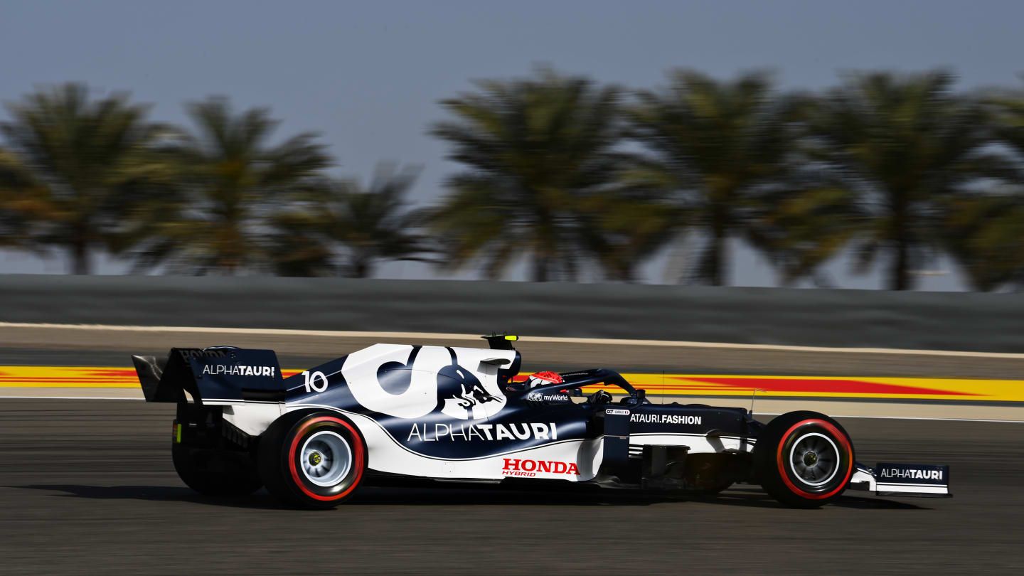 BAHRAIN, BAHRAIN - MARCH 27: Pierre Gasly of France driving the (10) Scuderia AlphaTauri AT02 Honda