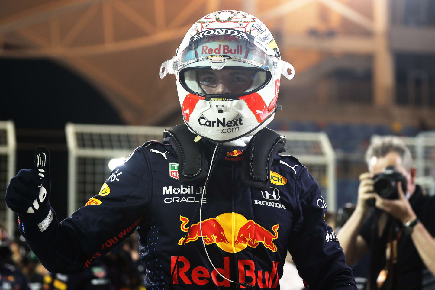 BAHRAIN, BAHRAIN - MARCH 27: Pole position qualifier Max Verstappen of Netherlands and Red Bull Racing celebrates in parc ferme during qualifying ahead of the F1 Grand Prix of Bahrain at Bahrain International Circuit on March 27, 2021 in Bahrain, Bahrain. (Photo by Lars Baron/Getty Images)