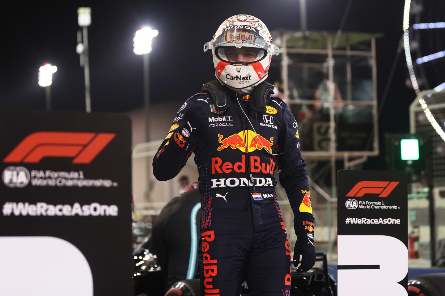 BAHRAIN, BAHRAIN - MARCH 27: Pole position qualifier Max Verstappen of Netherlands and Red Bull