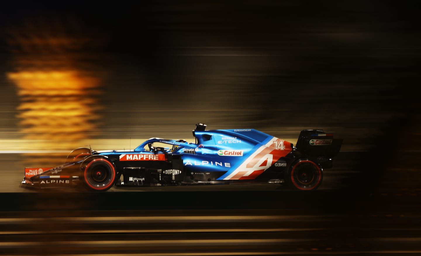 BAHRAIN, BAHRAIN - MARCH 27: Fernando Alonso of Spain driving the (14) Alpine A521 Renault on track