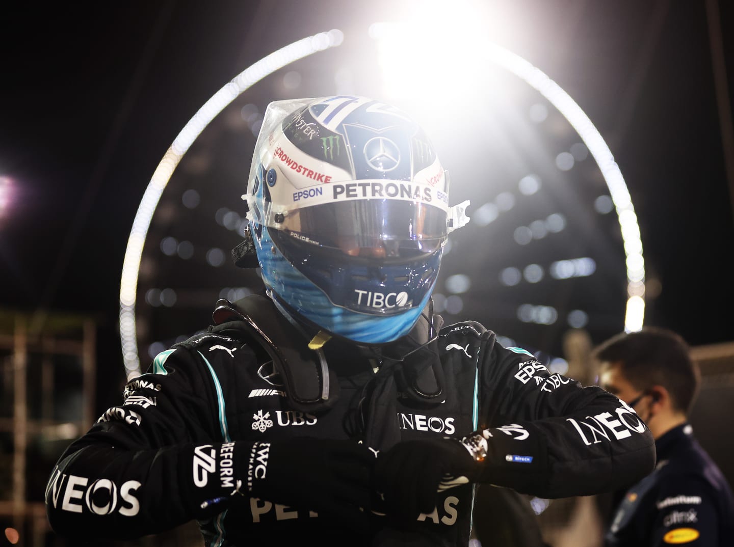 BAHRAIN, BAHRAIN - MARCH 27: Third placed qualifier Valtteri Bottas of Finland and Mercedes GP looks on in parc ferme during qualifying ahead of the F1 Grand Prix of Bahrain at Bahrain International Circuit on March 27, 2021 in Bahrain, Bahrain. (Photo by Lars Baron/Getty Images)