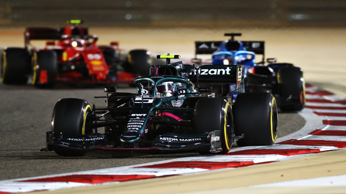 BAHRAIN, BAHRAIN - MARCH 28: Sebastian Vettel of Germany driving the (5) Aston Martin AMR21