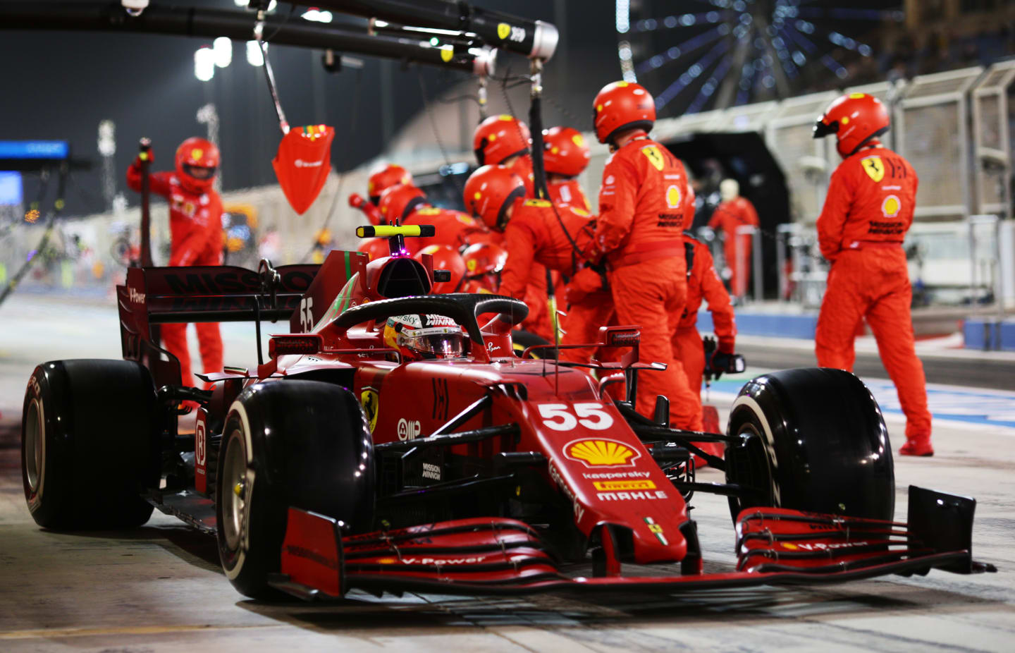 BAHRAIN, BAHRAIN - MARCH 28: Carlos Sainz of Spain driving the (55) Scuderia Ferrari SF21 in the