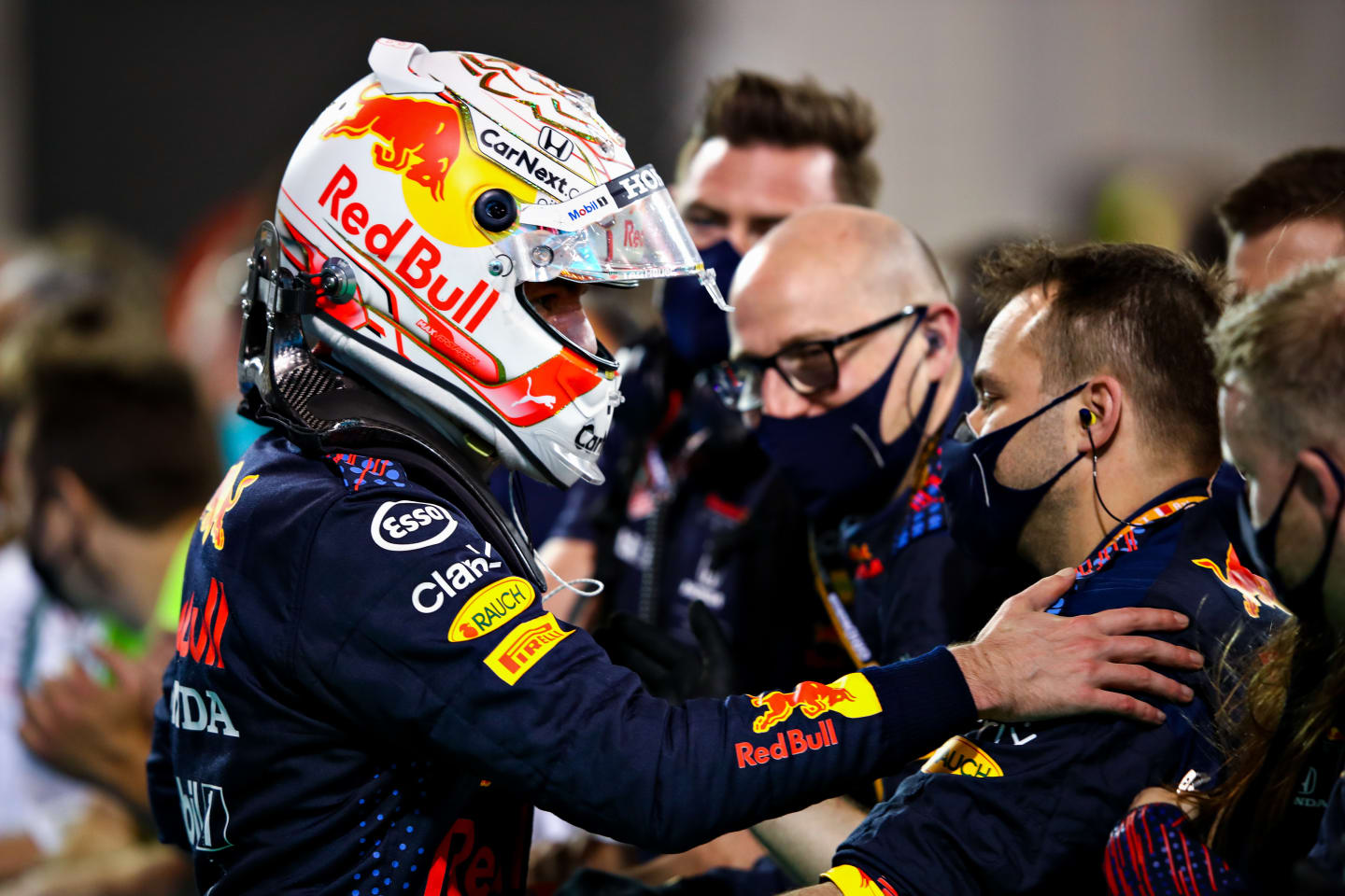 BAHRAIN, BAHRAIN - MARCH 28: Second placed Max Verstappen of Netherlands and Red Bull Racing celebrates in parc ferme during the F1 Grand Prix of Bahrain at Bahrain International Circuit on March 28, 2021 in Bahrain, Bahrain. (Photo by Mark Thompson/Getty Images)