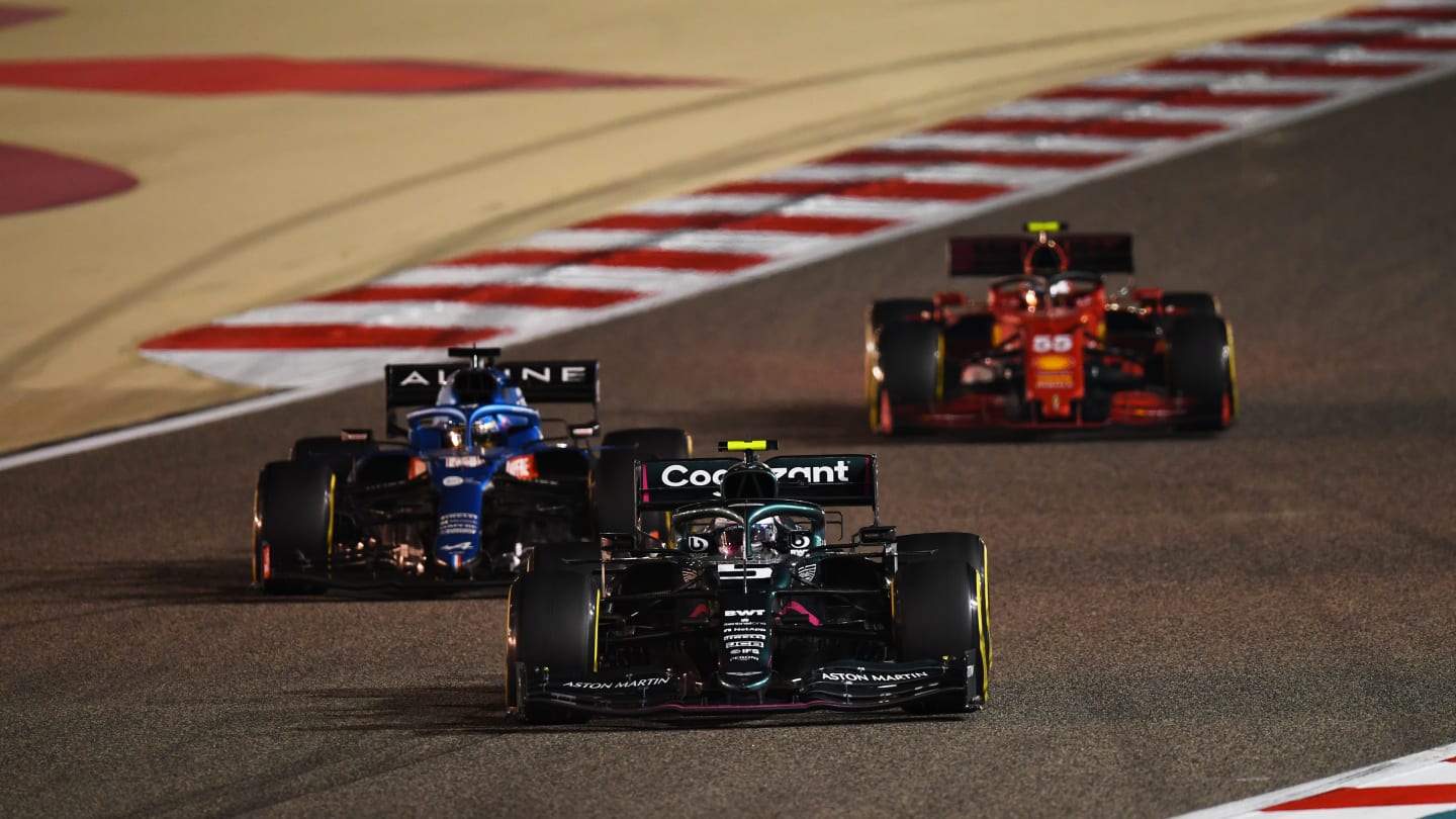 BAHRAIN, BAHRAIN - MARCH 28: Sebastian Vettel of Germany driving the (5) Aston Martin AMR21