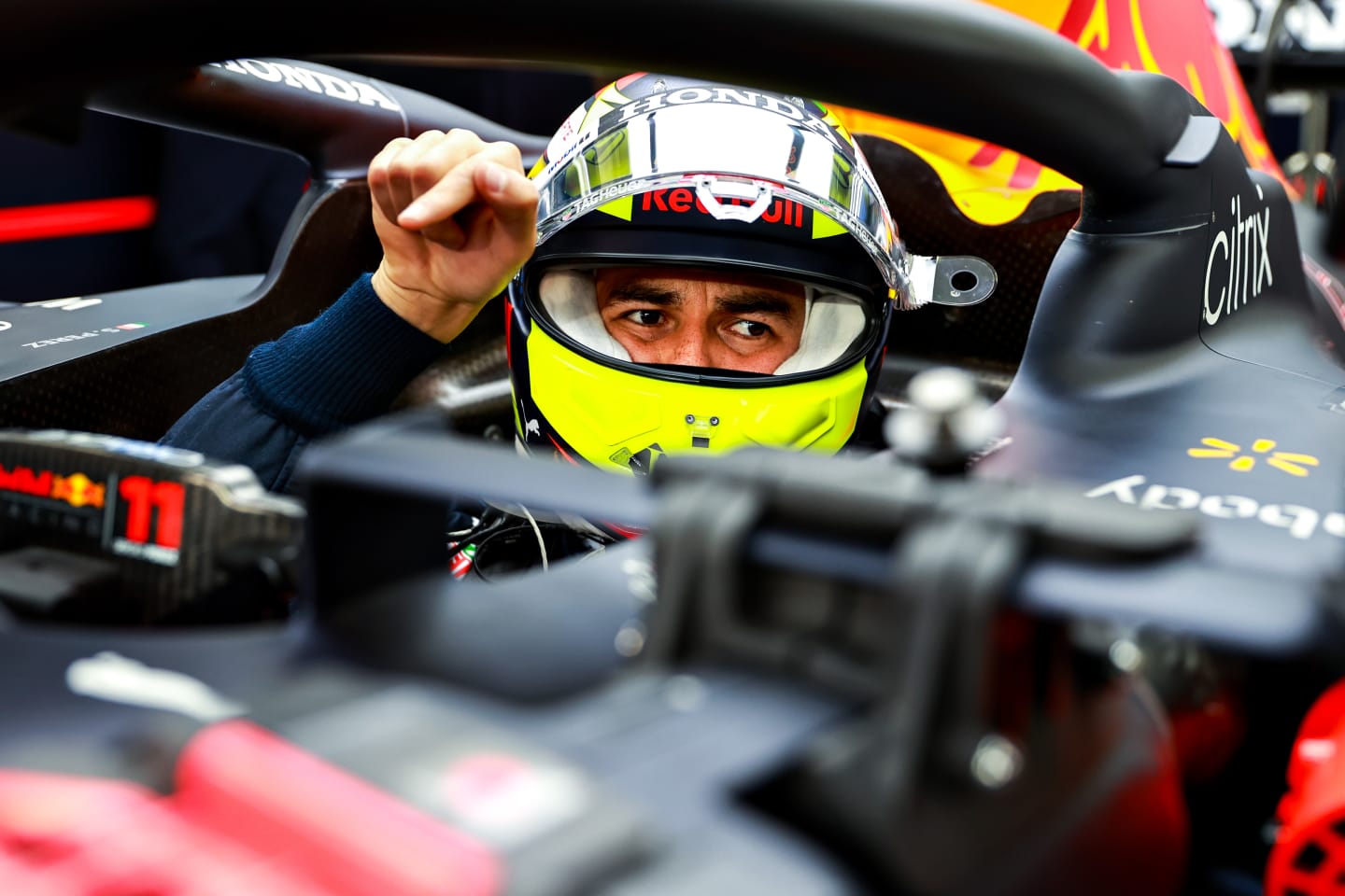 BAHRAIN, BAHRAIN - MARCH 28: Sergio Perez of Mexico and Red Bull Racing prepares to drive in the