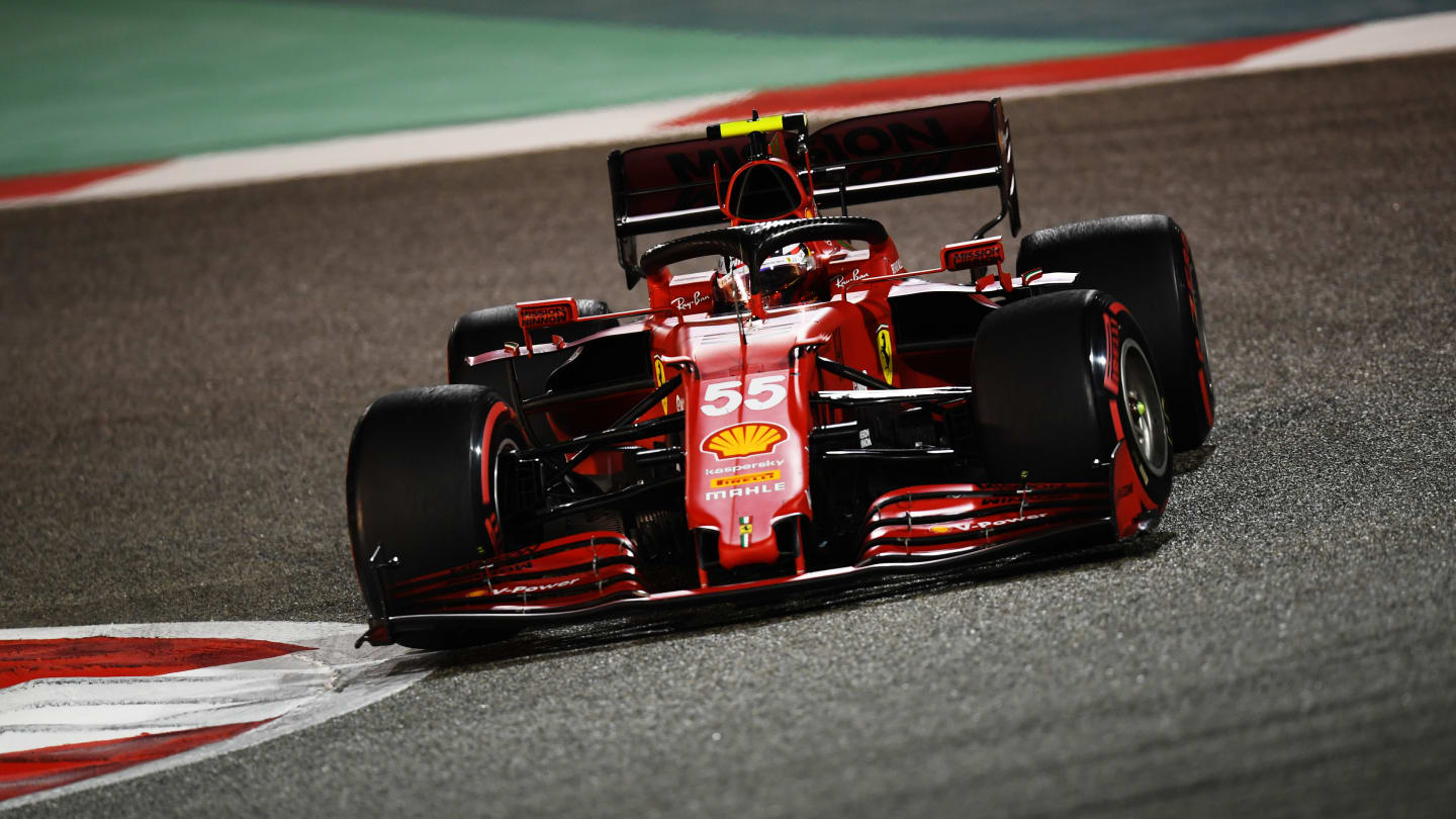 BAHRAIN, BAHRAIN - MARCH 28: Carlos Sainz of Spain driving the (55) Scuderia Ferrari SF21 on track