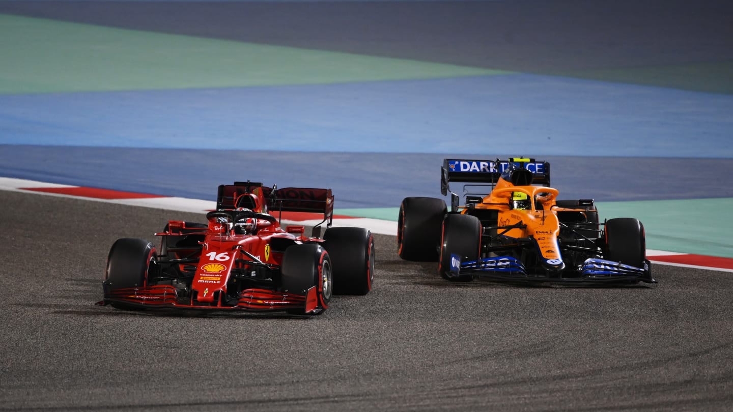 BAHRAIN, BAHRAIN - MARCH 28: Charles Leclerc of Monaco driving the (16) Scuderia Ferrari SF21 leads