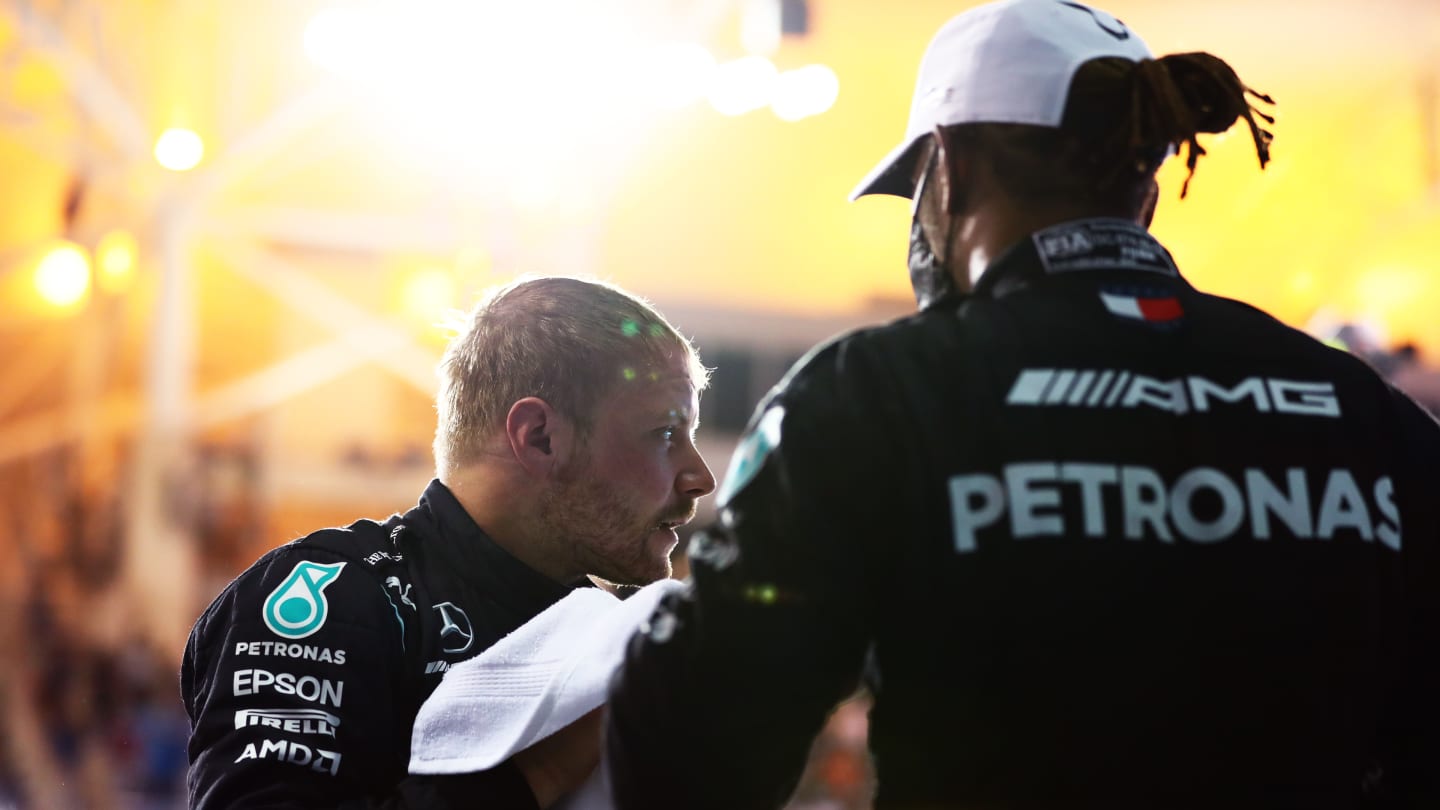BAHRAIN, BAHRAIN - MARCH 28: Third placed Valtteri Bottas of Finland and Mercedes GP looks on in