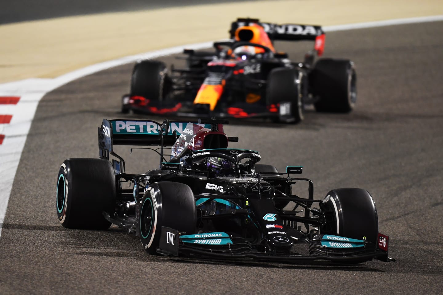 BAHRAIN, BAHRAIN - MARCH 28: Lewis Hamilton of Great Britain driving the (44) Mercedes AMG Petronas