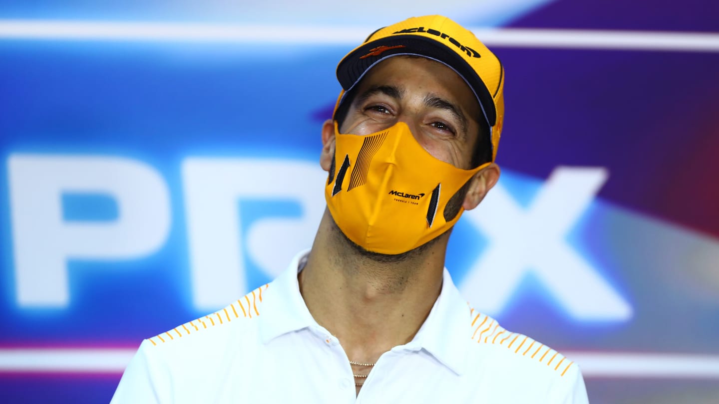 BAHRAIN, BAHRAIN - MARCH 25: Daniel Ricciardo of Australia and McLaren F1 talks in the Drivers