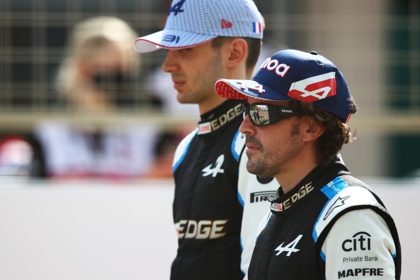 BAHRAIN, BAHRAIN - MARCH 12: Esteban Ocon of France and Alpine F1 Team and Fernando Alonso of Spain