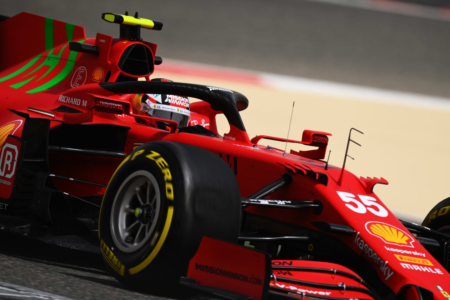 BAHRAIN, BAHRAIN - MARCH 13: Carlos Sainz of Spain driving the (55) Scuderia Ferrari SF21 on track