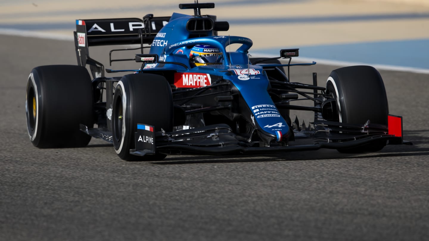 BAHRAIN, BAHRAIN - MARCH 13: Fernando Alonso of Spain driving the (14) Alpine A521 Renault during