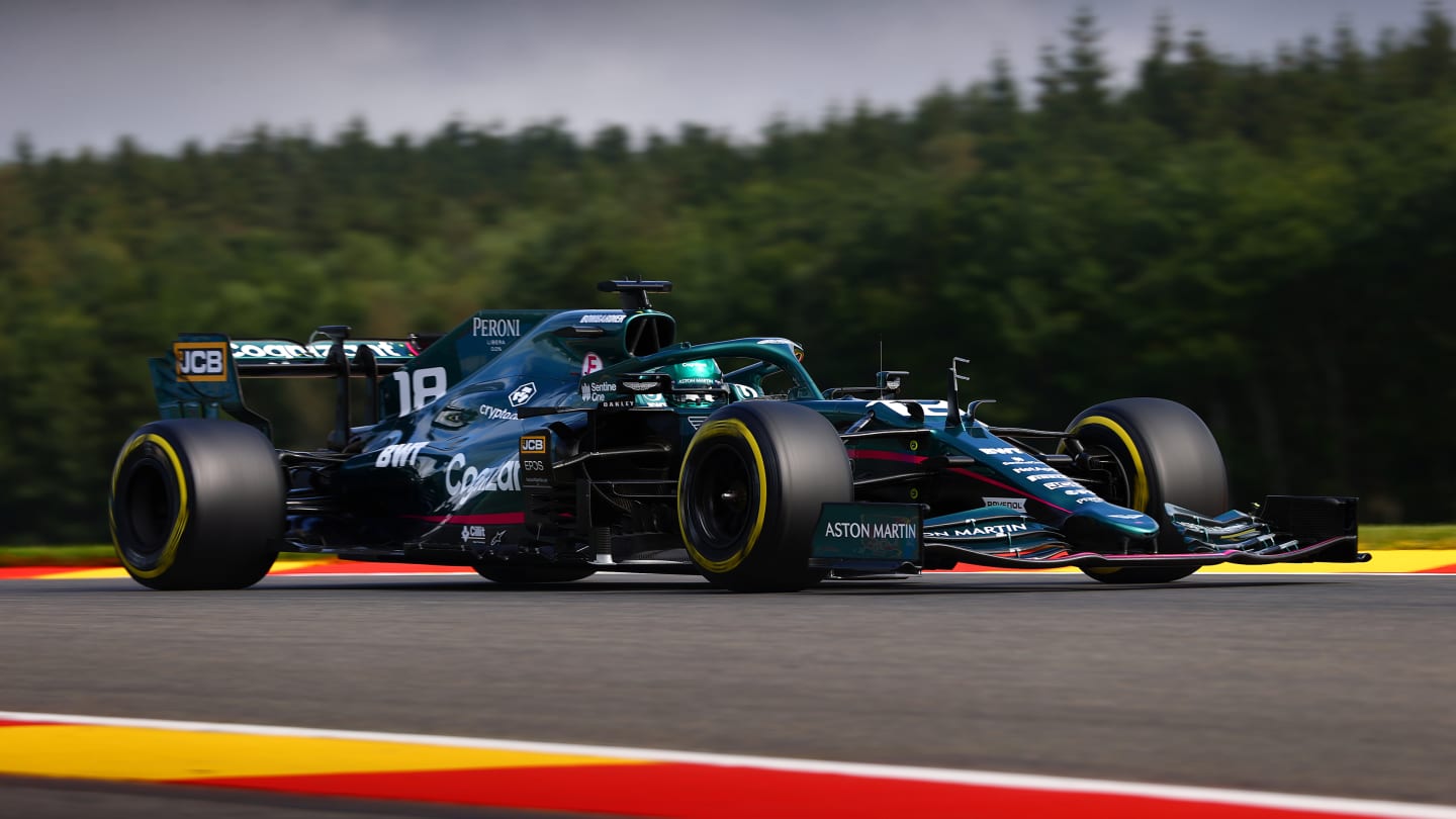 SPA, BELGIUM - AUGUST 27: Lance Stroll of Canada driving the (18) Aston Martin AMR21 Mercedes during practice ahead of the F1 Grand Prix of Belgium at Circuit de Spa-Francorchamps on August 27, 2021 in Spa, Belgium. (Photo by Dan Istitene - Formula 1/Formula 1 via Getty Images)