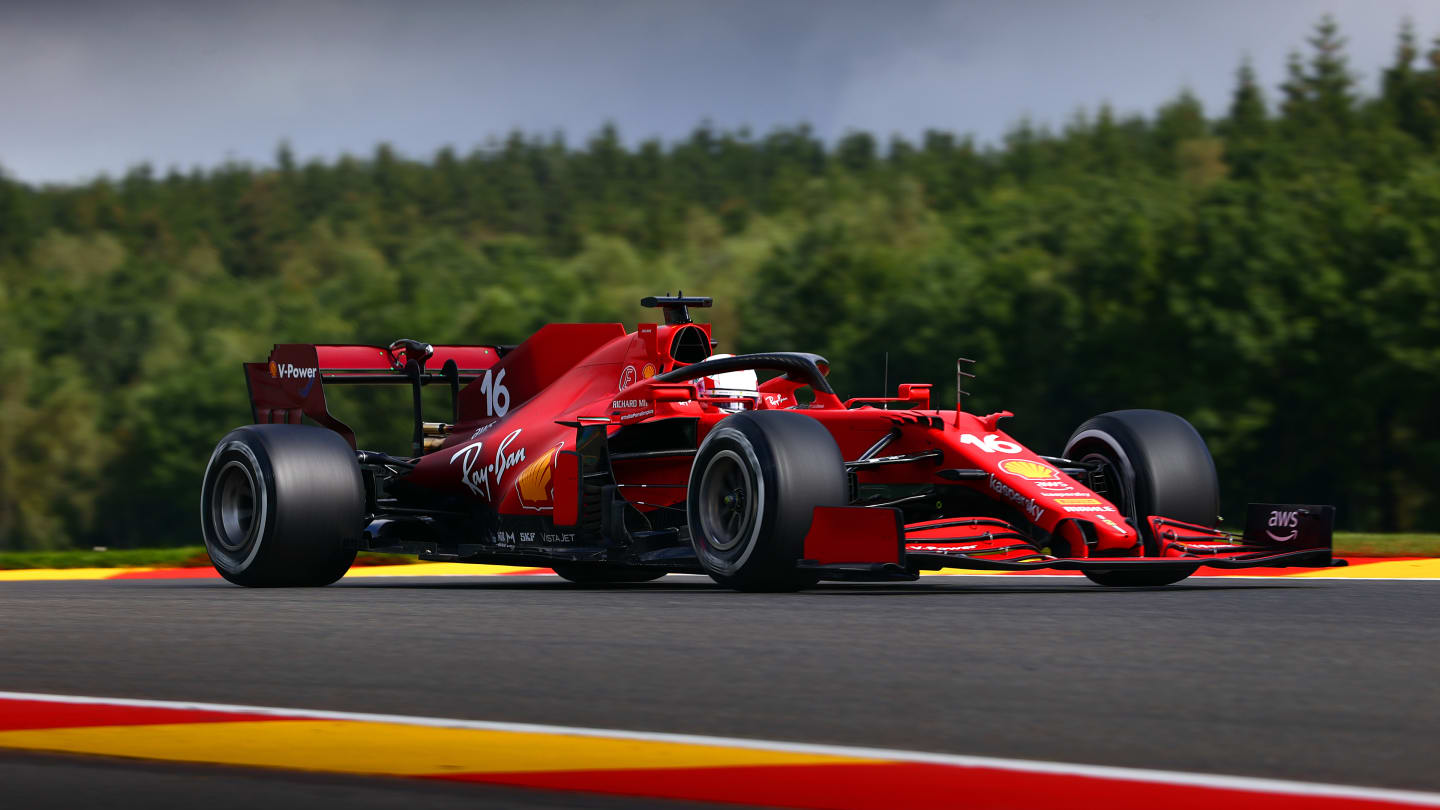 SPA, BELGIUM - AUGUST 27: Charles Leclerc of Monaco driving the (16) Scuderia Ferrari SF21 during practice ahead of the F1 Grand Prix of Belgium at Circuit de Spa-Francorchamps on August 27, 2021 in Spa, Belgium. (Photo by Dan Istitene - Formula 1/Formula 1 via Getty Images)