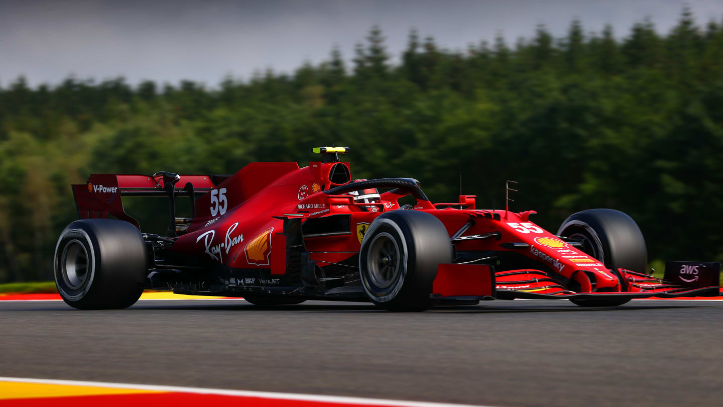 SPA, BELGIUM - AUGUST 27: Carlos Sainz of Spain driving the (55) Scuderia Ferrari SF21 during