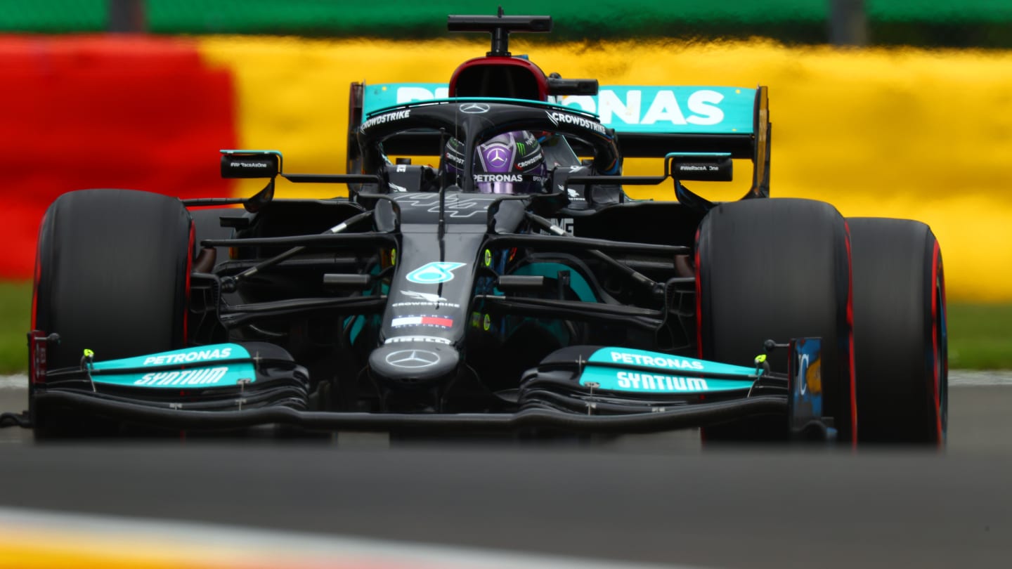 SPA, BELGIUM - AUGUST 27: Lewis Hamilton of Great Britain driving the (44) Mercedes AMG Petronas F1 Team Mercedes W12 during practice ahead of the F1 Grand Prix of Belgium at Circuit de Spa-Francorchamps on August 27, 2021 in Spa, Belgium. (Photo by Dan Istitene - Formula 1/Formula 1 via Getty Images)