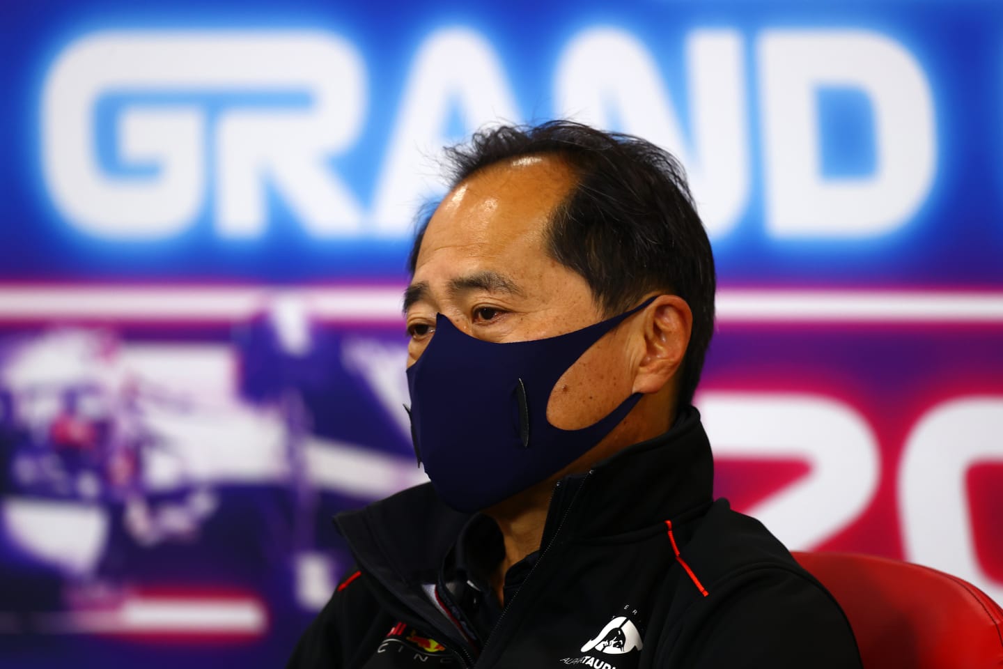 SPA, BELGIUM - AUGUST 27: Toyoharu Tanabe of Honda talks in the Team Principals Press Conference during practice ahead of the F1 Grand Prix of Belgium at Circuit de Spa-Francorchamps on August 27, 2021 in Spa, Belgium. (Photo by Dan Istitene/Getty Images)