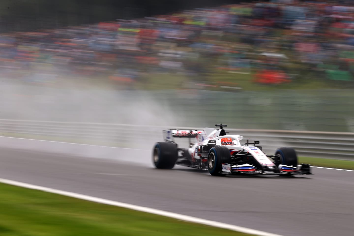 SPA, BELGIUM - AUGUST 28: Nikita Mazepin of Russia driving the (9) Haas F1 Team VF-21 Ferrari