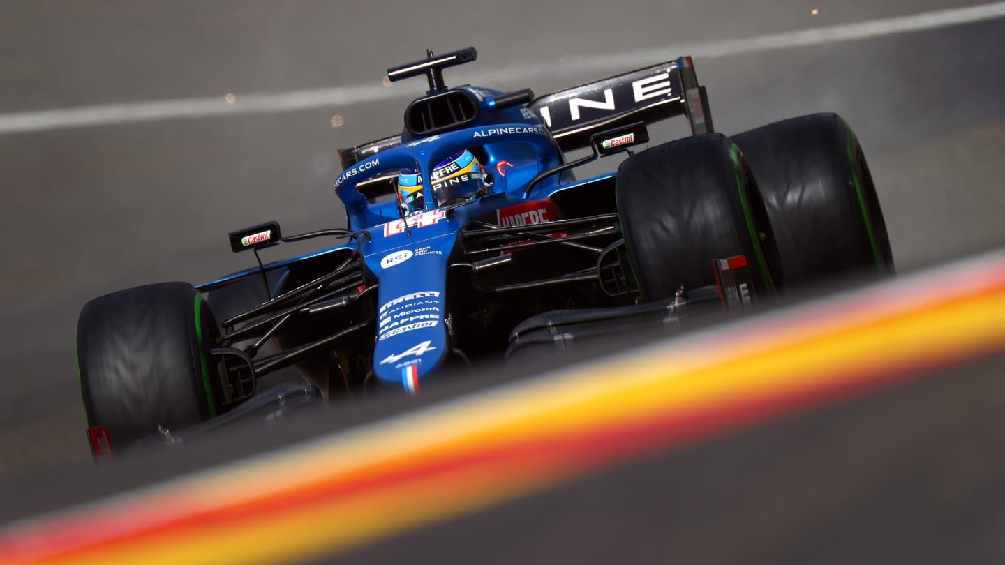 SPA, BELGIUM - AUGUST 28: Fernando Alonso of Spain driving the (14) Alpine A521 Renault during final practice ahead of the F1 Grand Prix of Belgium at Circuit de Spa-Francorchamps on August 28, 2021 in Spa, Belgium. (Photo by Dan Istitene - Formula 1/Formula 1 via Getty Images)