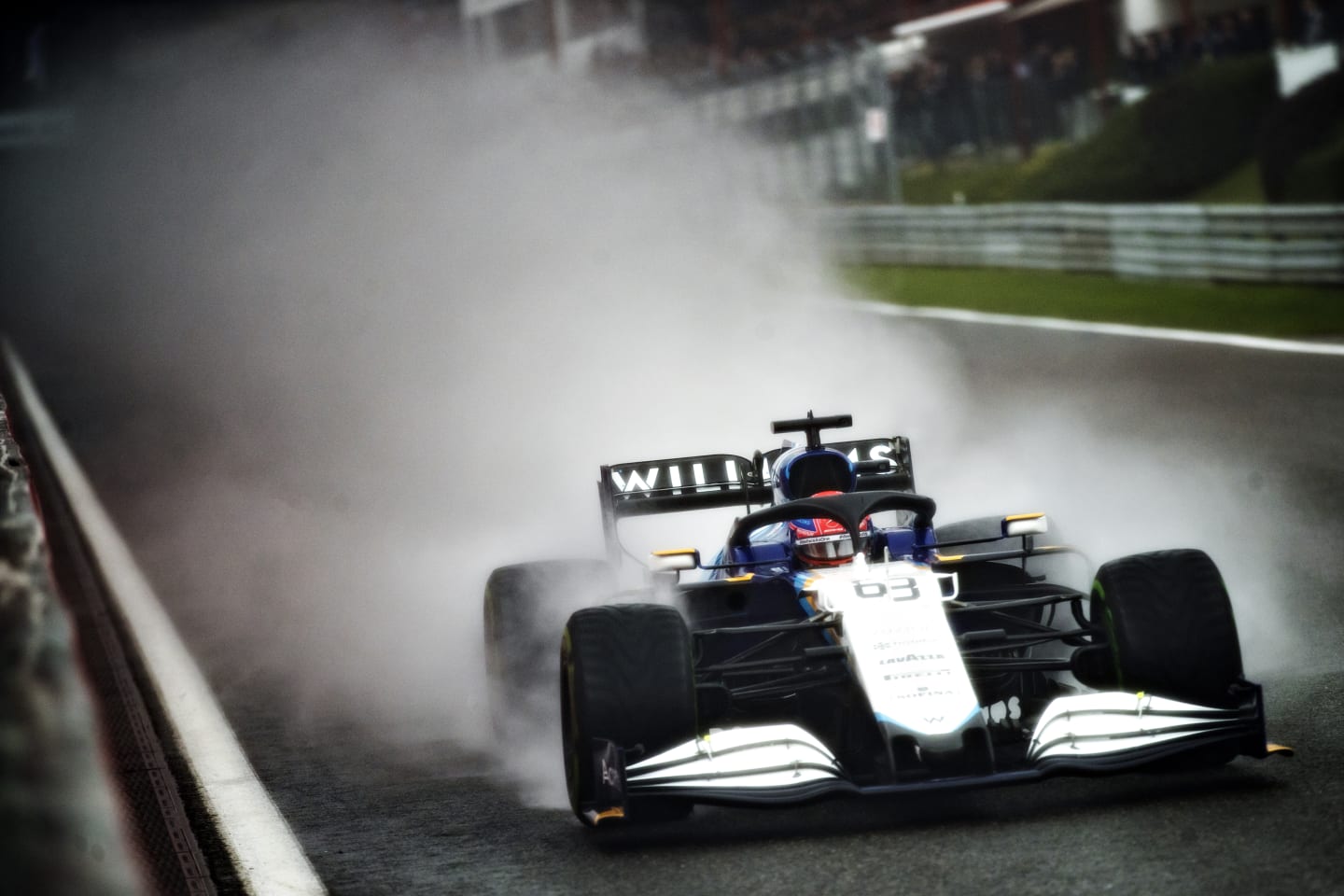 SPA, BELGIUM - AUGUST 28: George Russell of Great Britain driving the (63) Williams Racing FW43B