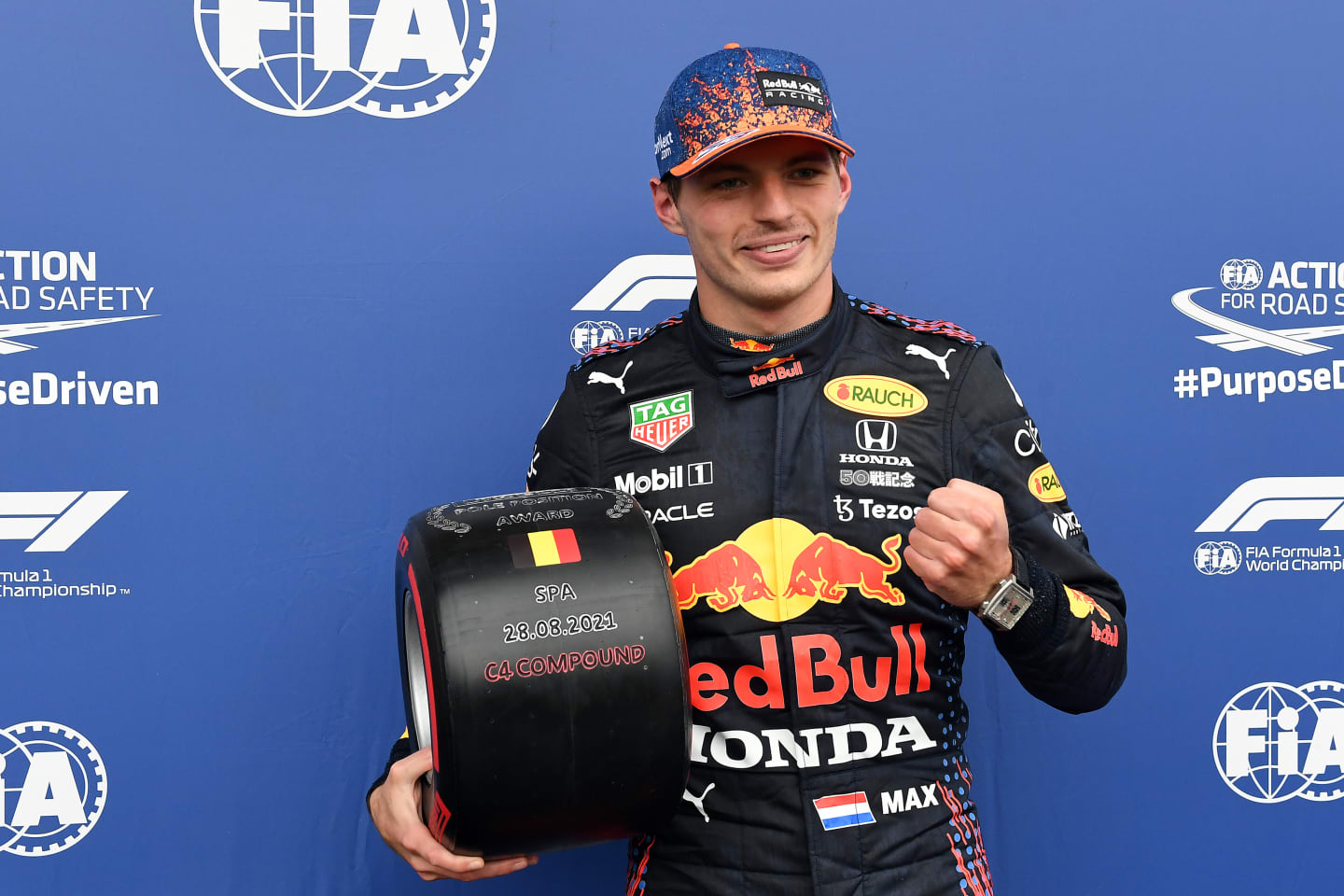 SPA, BELGIUM - AUGUST 28: Pole position qualifier Max Verstappen of Netherlands and Red Bull Racing celebrates in parc ferme during qualifying ahead of the F1 Grand Prix of Belgium at Circuit de Spa-Francorchamps on August 28, 2021 in Spa, Belgium. (Photo by John Thys - Pool/Getty Images)