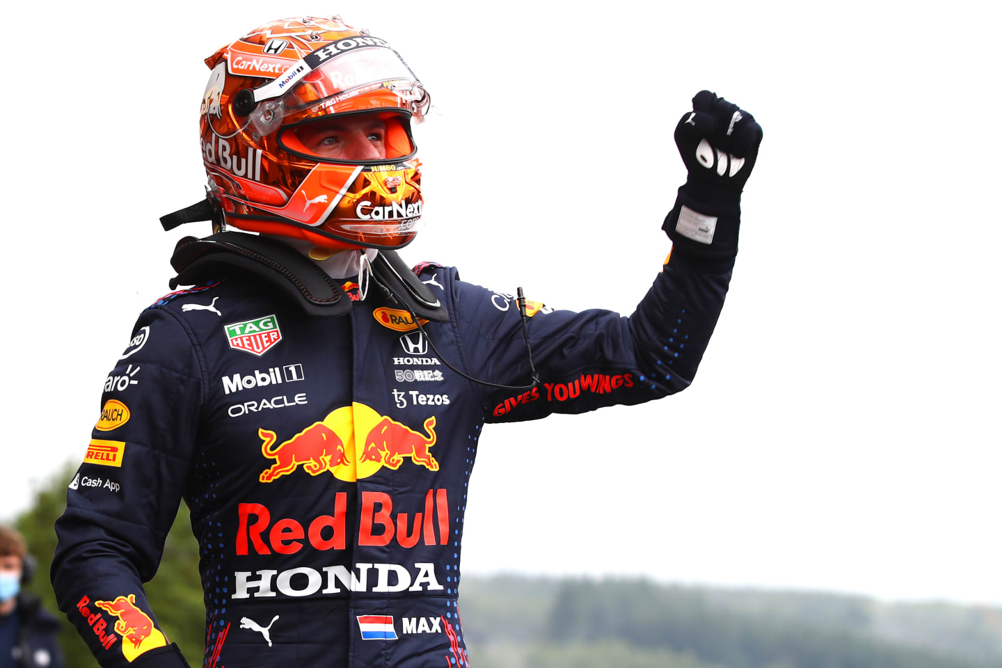 SPA, BELGIUM - AUGUST 28: Pole position qualifier Max Verstappen of Netherlands and Red Bull Racing celebrates in parc ferme during qualifying ahead of the F1 Grand Prix of Belgium at Circuit de Spa-Francorchamps on August 28, 2021 in Spa, Belgium. (Photo by Mark Thompson/Getty Images)