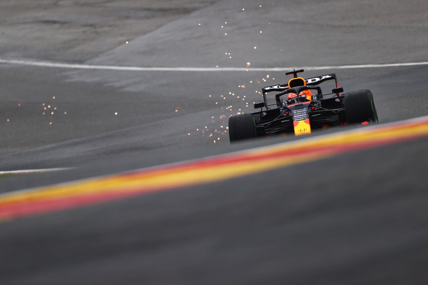SPA, BELGIUM - AUGUST 28: Max Verstappen of the Netherlands driving the (33) Red Bull Racing RB16B Honda during final practice ahead of the F1 Grand Prix of Belgium at Circuit de Spa-Francorchamps on August 28, 2021 in Spa, Belgium. (Photo by Dan Istitene - Formula 1/Formula 1 via Getty Images)