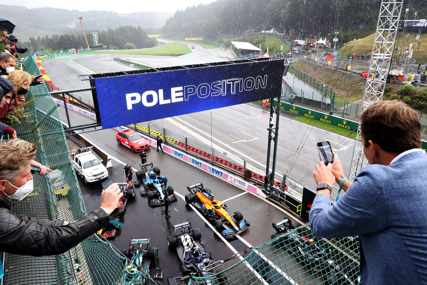 SPA, BELGIUM - AUGUST 28: Fans watch the action as the field stops in parc ferme during qualifying