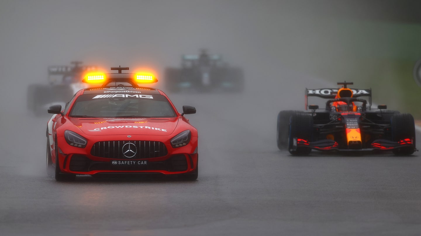 SPA, BELGIUM - AUGUST 29: The FIA Safety Car leads Max Verstappen of the Netherlands driving the