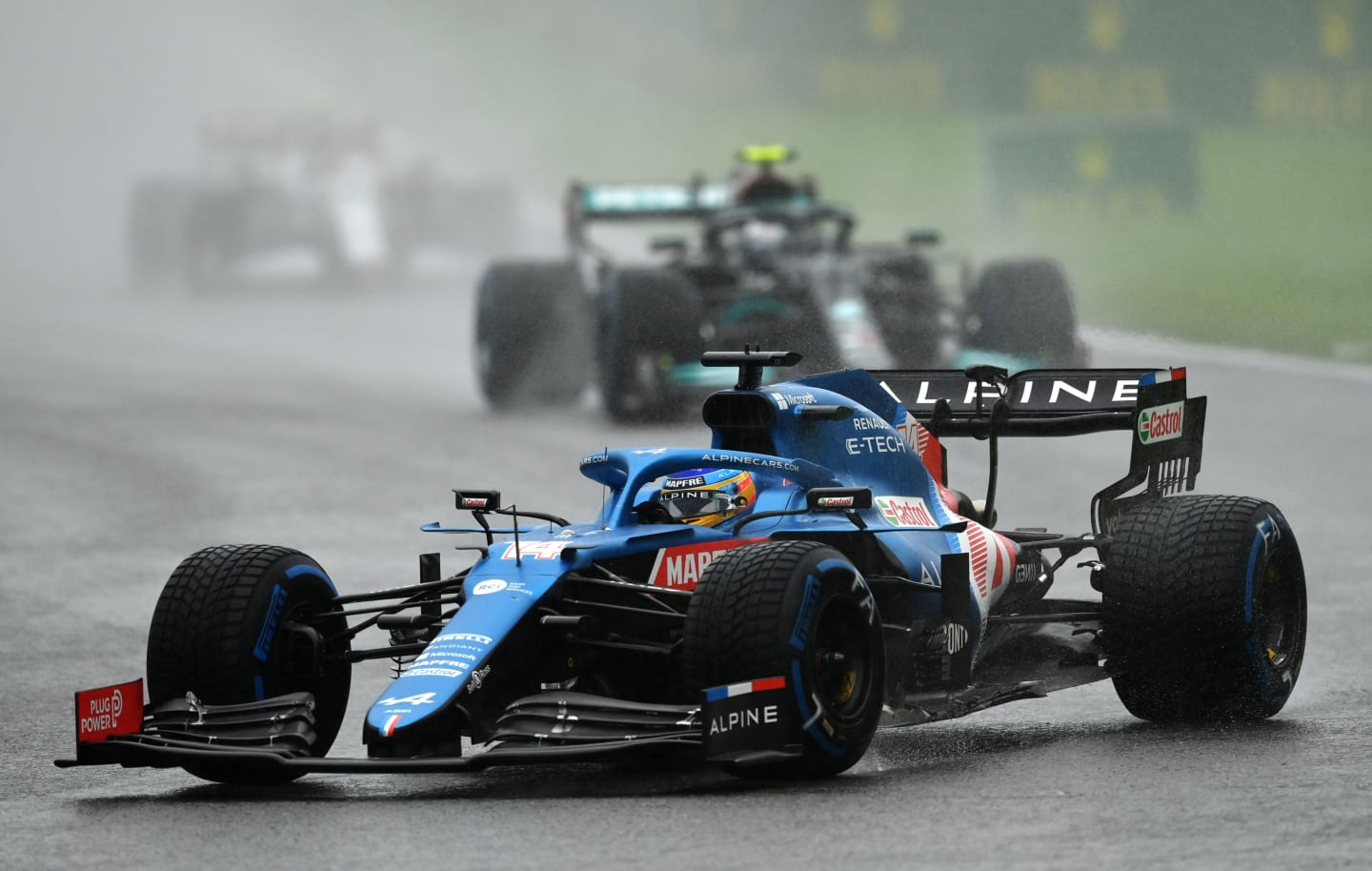SPA, BELGIUM - AUGUST 29: Fernando Alonso of Spain driving the (14) Alpine A521 Renault during the F1 Grand Prix of Belgium at Circuit de Spa-Francorchamps on August 29, 2021 in Spa, Belgium. (Photo by Dan Mullan/Getty Images)