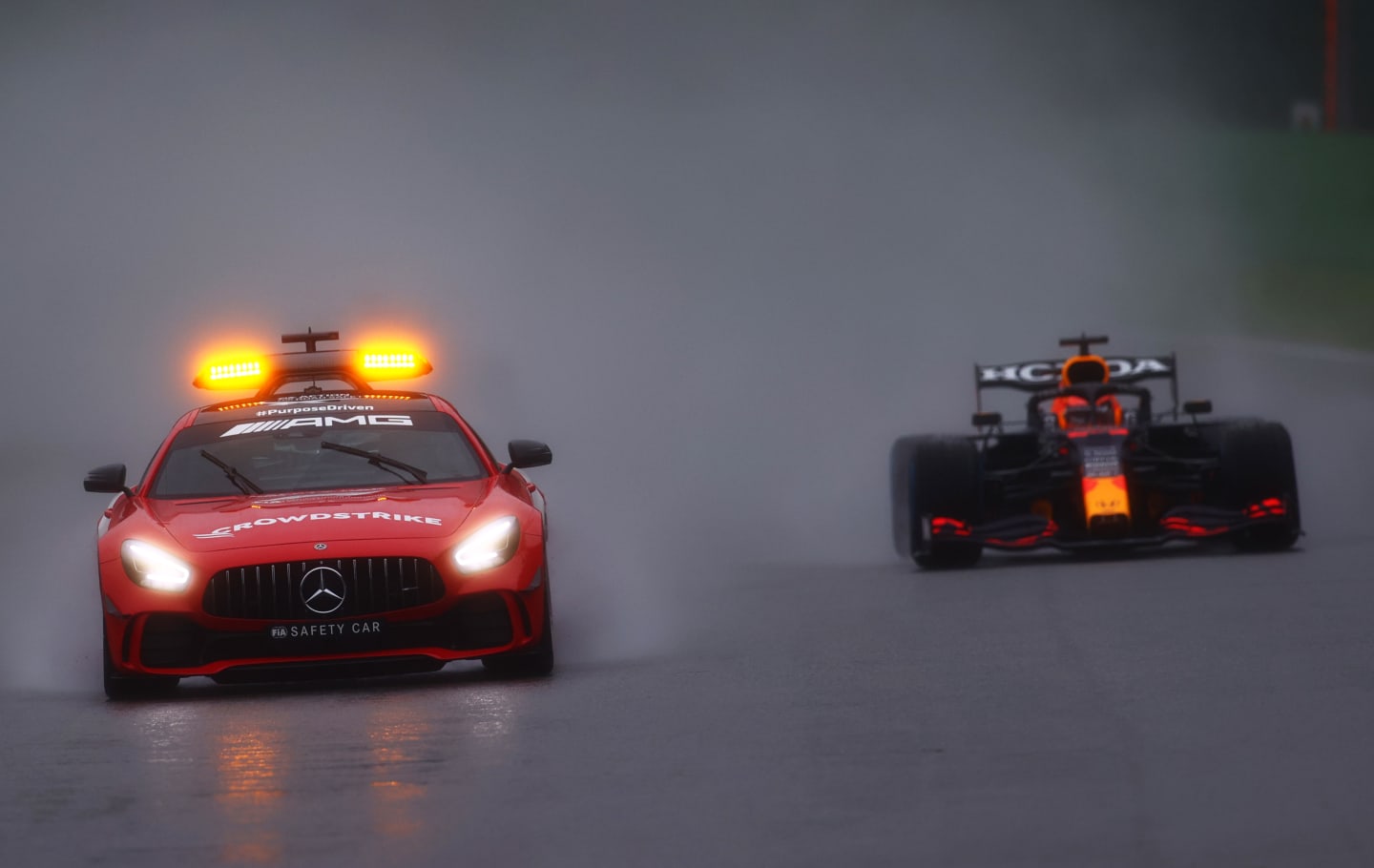 SPA, BELGIUM - AUGUST 29: The FIA Safety Car leads the field at the restart during the F1 Grand Prix of Belgium at Circuit de Spa-Francorchamps on August 29, 2021 in Spa, Belgium. (Photo by Dan Istitene - Formula 1/Formula 1 via Getty Images)