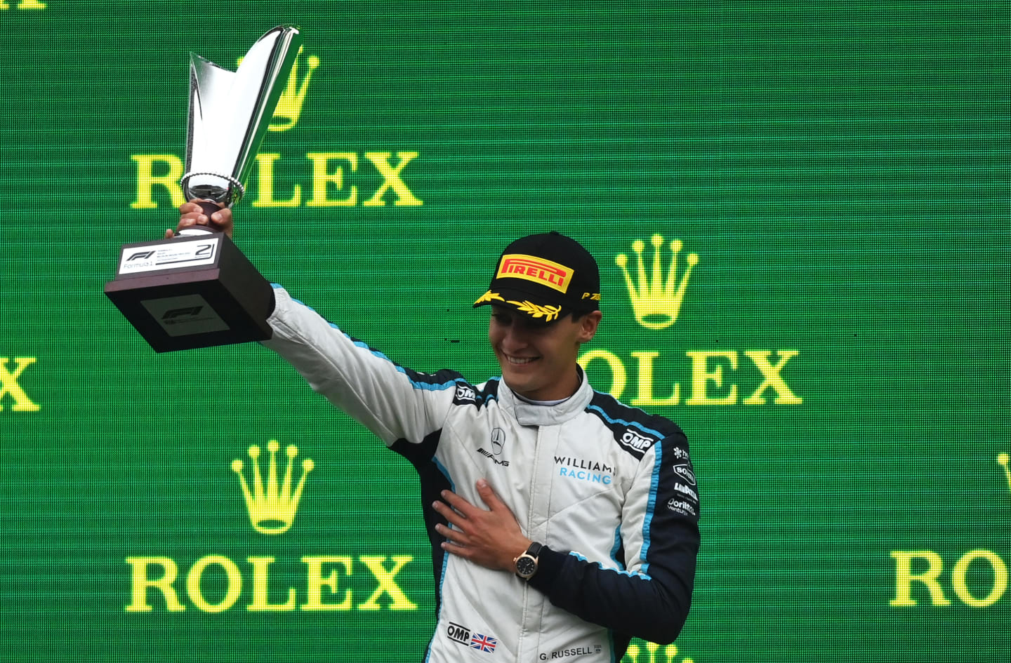 SPA, BELGIUM - AUGUST 29: Second placed George Russell of Great Britain and Williams celebrates on