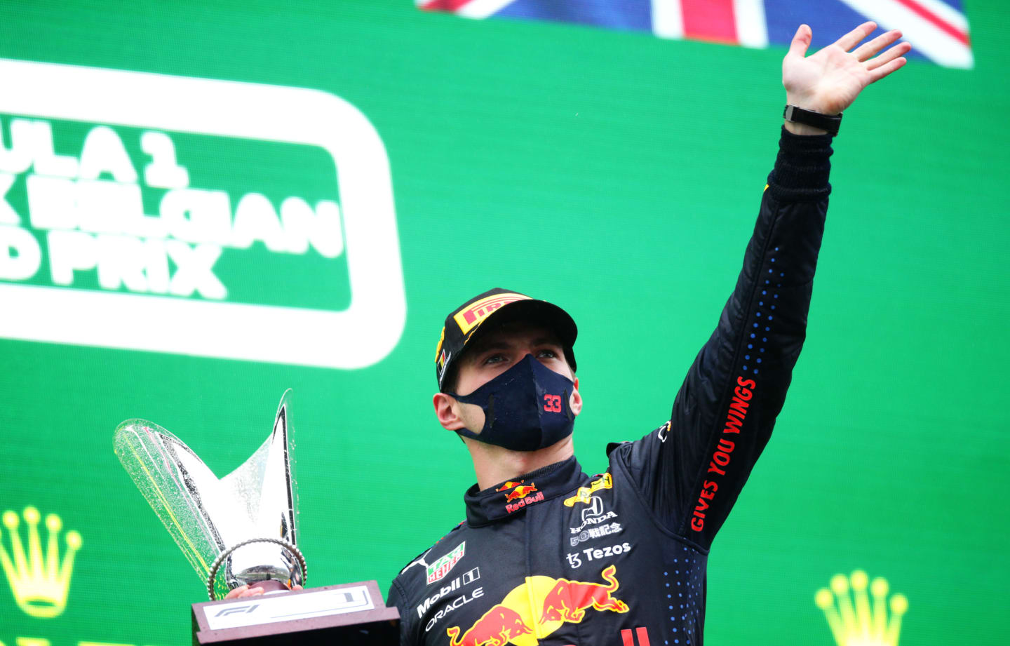 SPA, BELGIUM - AUGUST 29: Race winner Max Verstappen of Netherlands and Red Bull Racing celebrates on the podium during the F1 Grand Prix of Belgium at Circuit de Spa-Francorchamps on August 29, 2021 in Spa, Belgium. (Photo by Peter Fox/Getty Images)