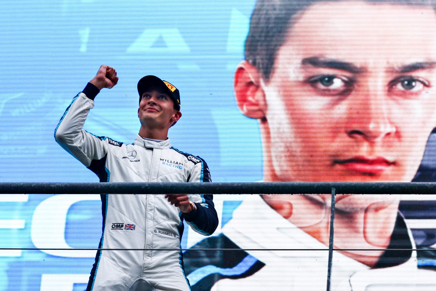 SPA, BELGIUM - AUGUST 29: Second placed George Russell of Great Britain and Williams celebrates on