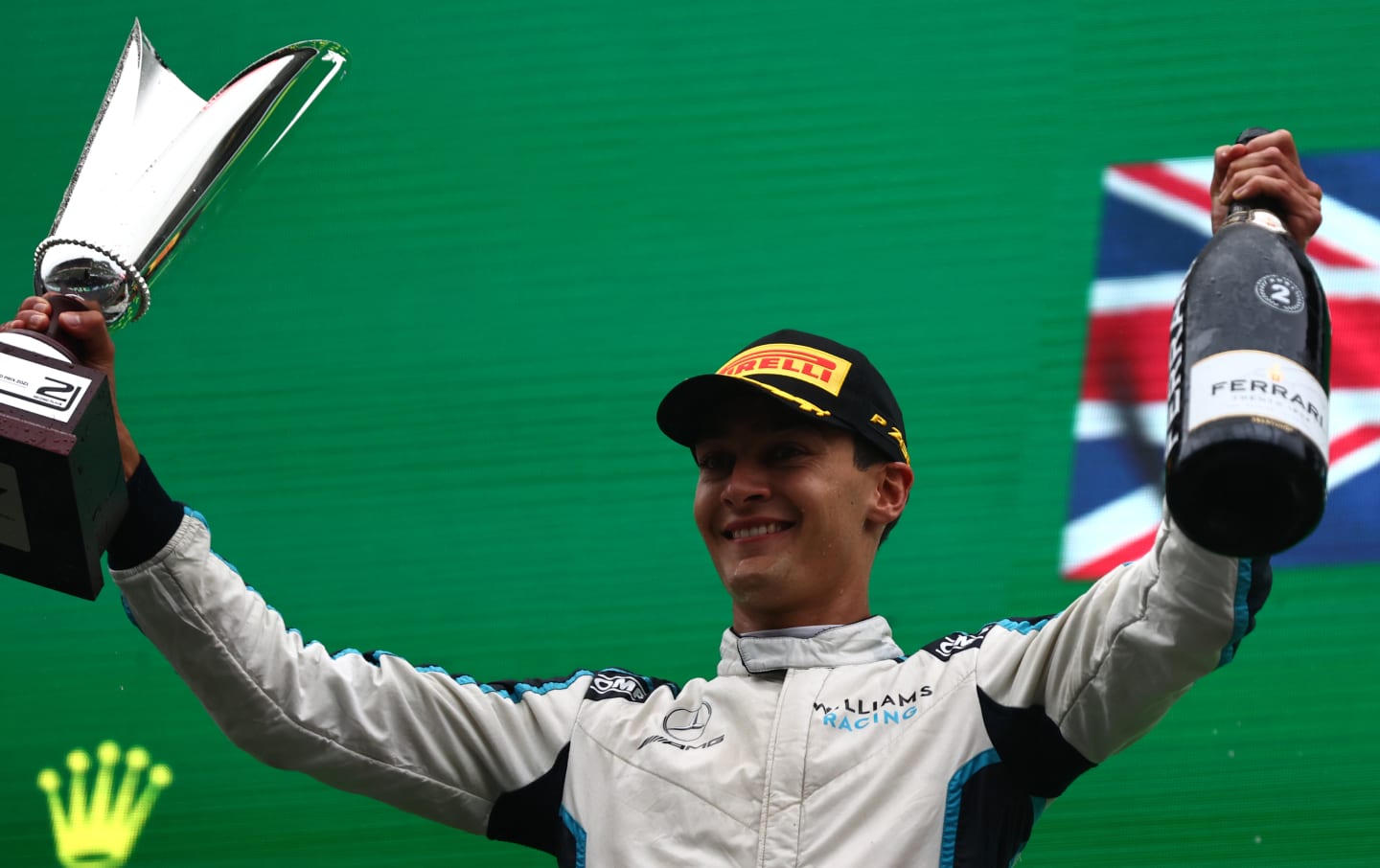 SPA, BELGIUM - AUGUST 29: Second placed George Russell of Great Britain and Williams celebrates on