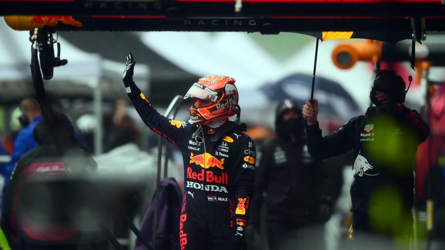 SPA, BELGIUM - AUGUST 29: Race winner Max Verstappen of Netherlands and Red Bull Racing celebrates in the Pitlane during the F1 Grand Prix of Belgium at Circuit de Spa-Francorchamps on August 29, 2021 in Spa, Belgium. (Photo by Mario Renzi - Formula 1/Formula 1 via Getty Images)