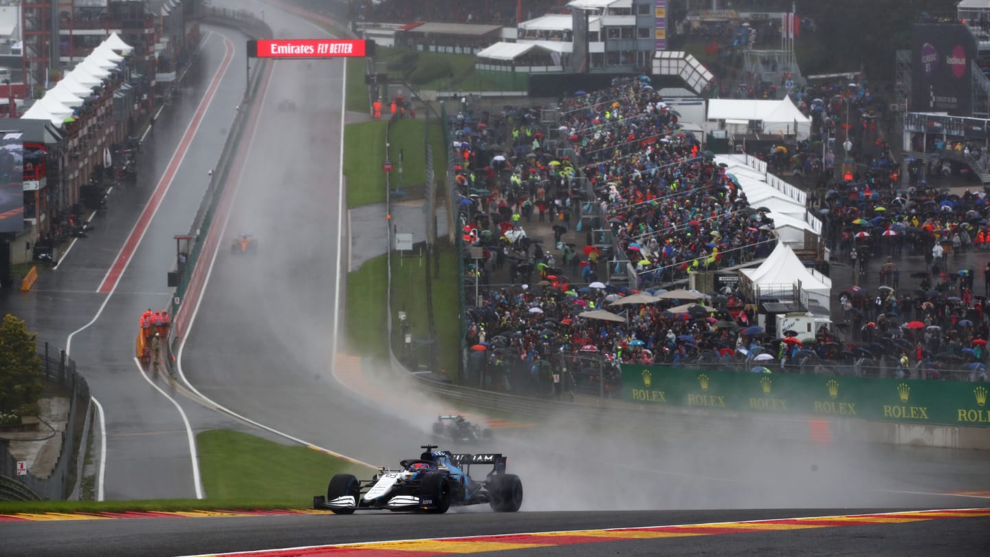 SPA, BELGIUM - AUGUST 29: George Russell of Great Britain driving the (63) Williams Racing FW43B