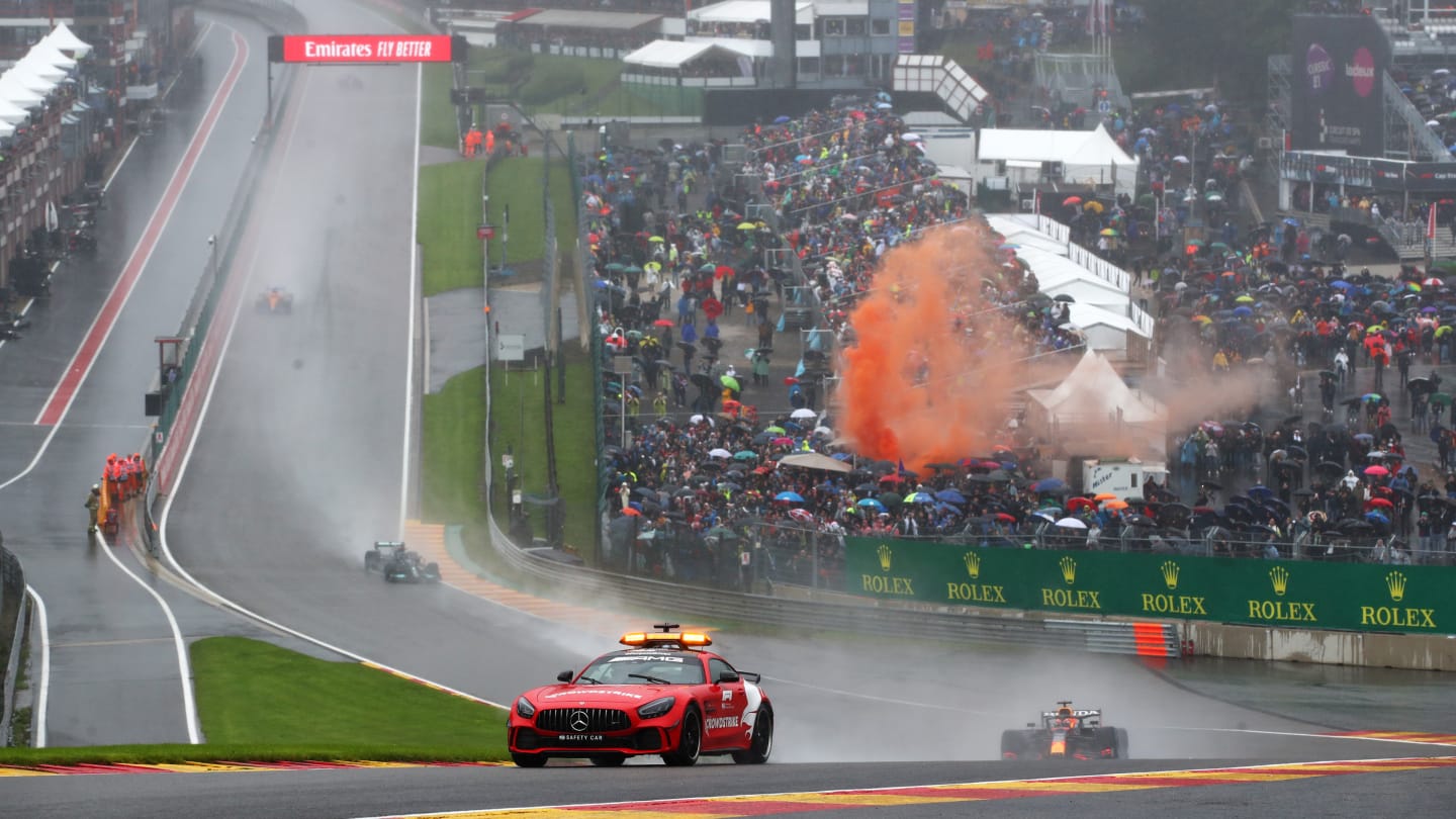 SPA, BELGIUM - AUGUST 29: The FIA Medical Car leads Max Verstappen of the Netherlands driving the