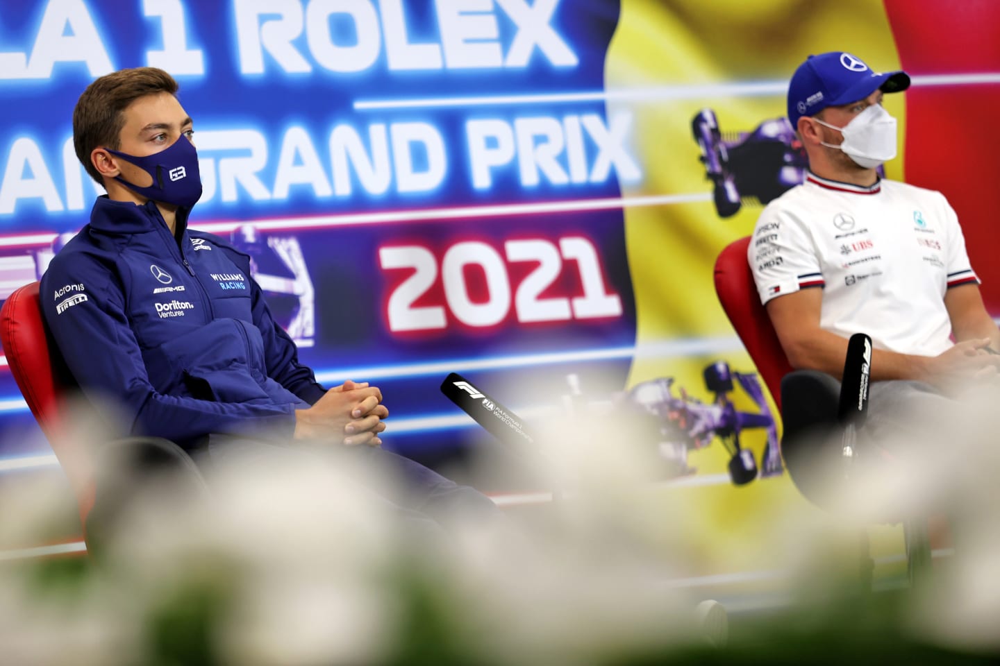 SPA, BELGIUM - AUGUST 26: George Russell of Great Britain and Williams and Valtteri Bottas of